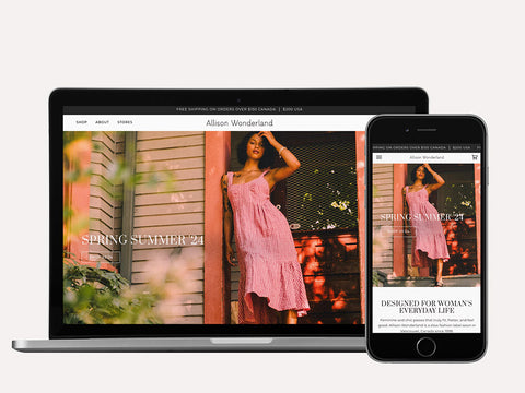 Laptop and iPhone screen showing Allison Wonderland Shopify website design by Fashioncan. 