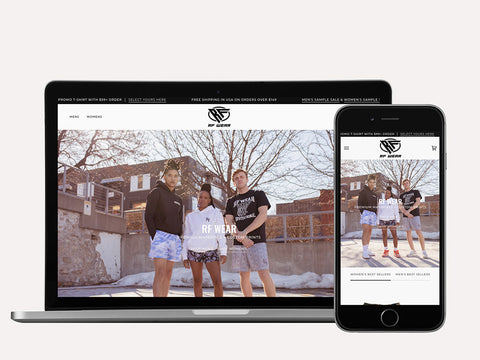 Laptop and iPhone screen showing RF Wear Shopify website design by Fashioncan. 
